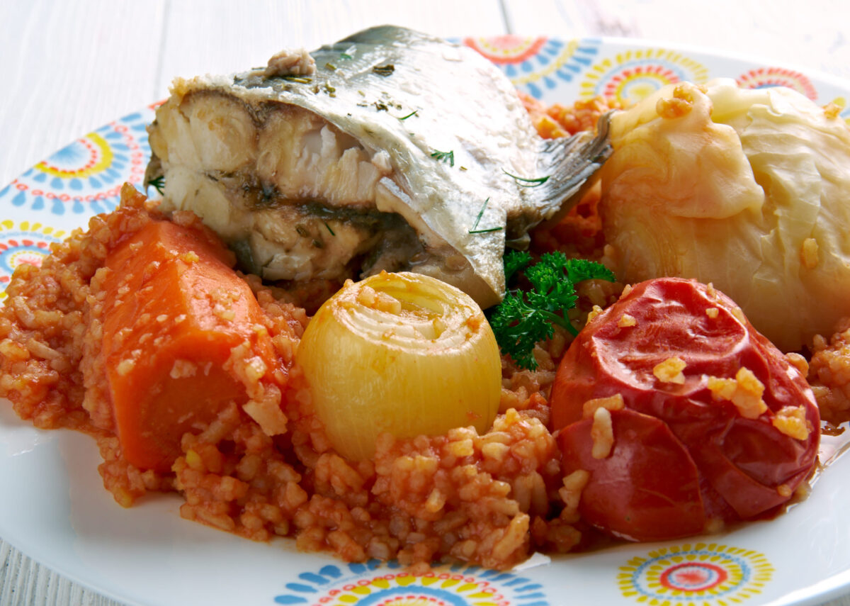 Thieboudienne - traditional dish from Senegal.made from fish, rice and tomato sauce