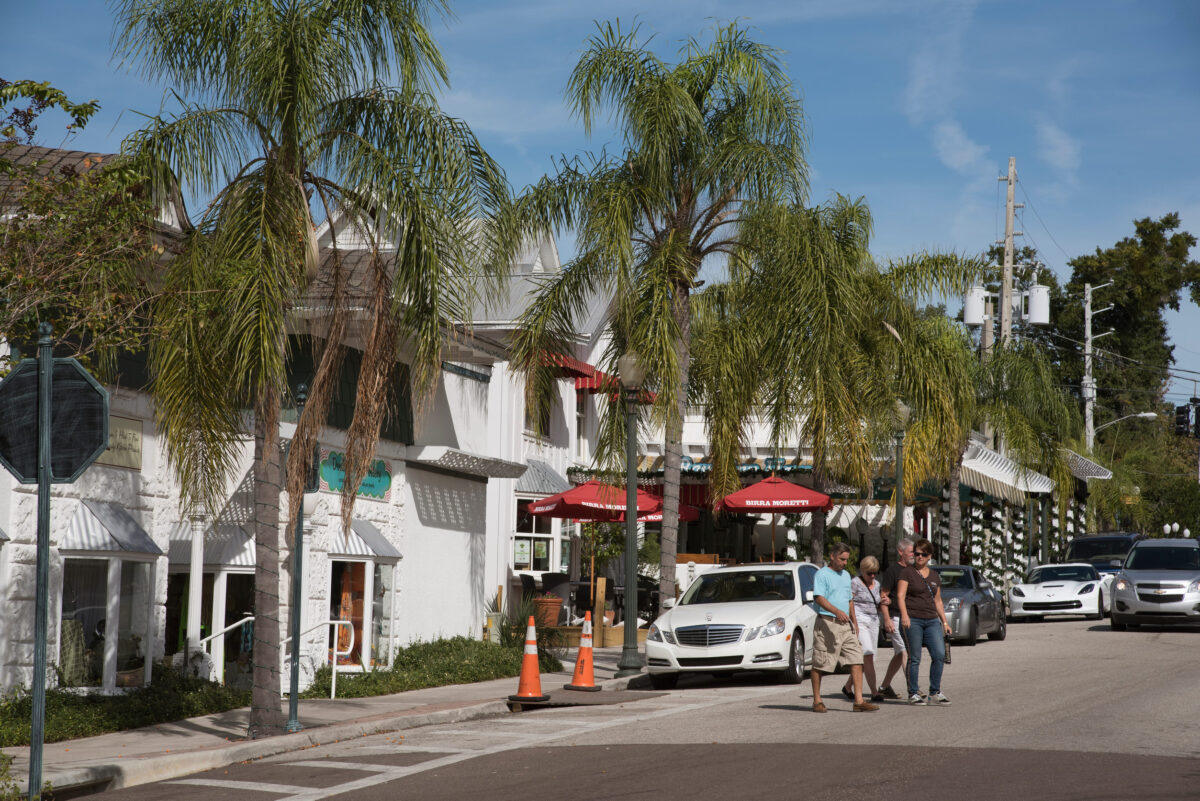 Mount Dora Florida USA - October 2016 - Visitors to the town center crossing the street
