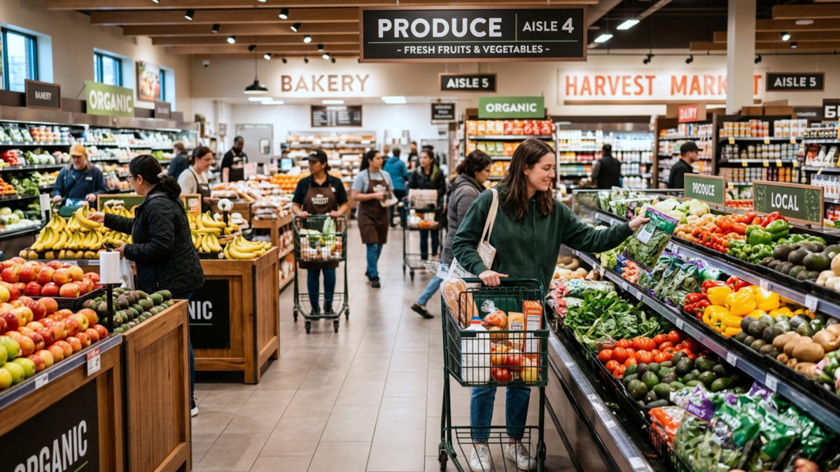 The store has various sections for different types of food, and customers are shopping. Image Credit: ayala127/ 123RF