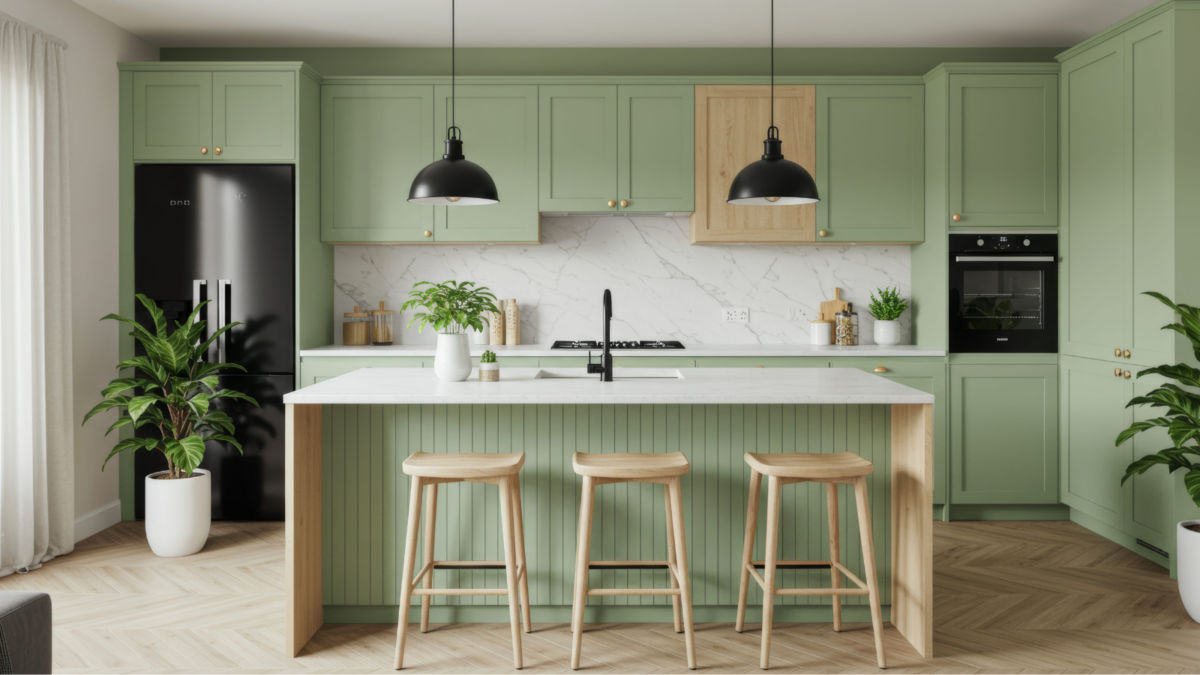 3d render of green modern kitchen in a house with a beautiful design. Image Credit: kaitowai/ 123RF