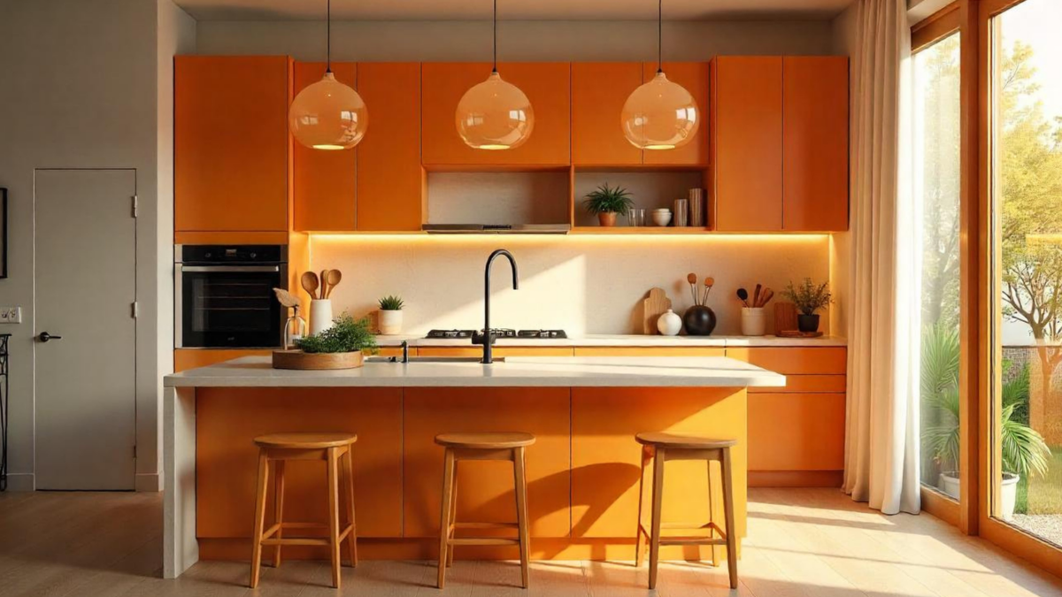 Vibrant orange modern kitchen interior design with breakfast bar. Image Credit: 
pixora/ 123RF