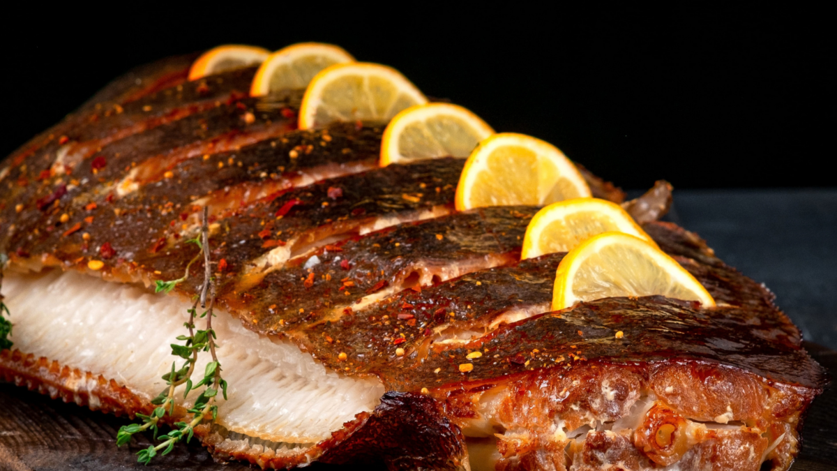 A beautifully roasted fish fillet, garnished with fresh herbs and vibrant lemon slices, rests on a rustic wooden board, showcasing its crispy skin and inviting colors, perfect for a gourmet dining experience. Image Credit: hamonsemenovich/ 123RF