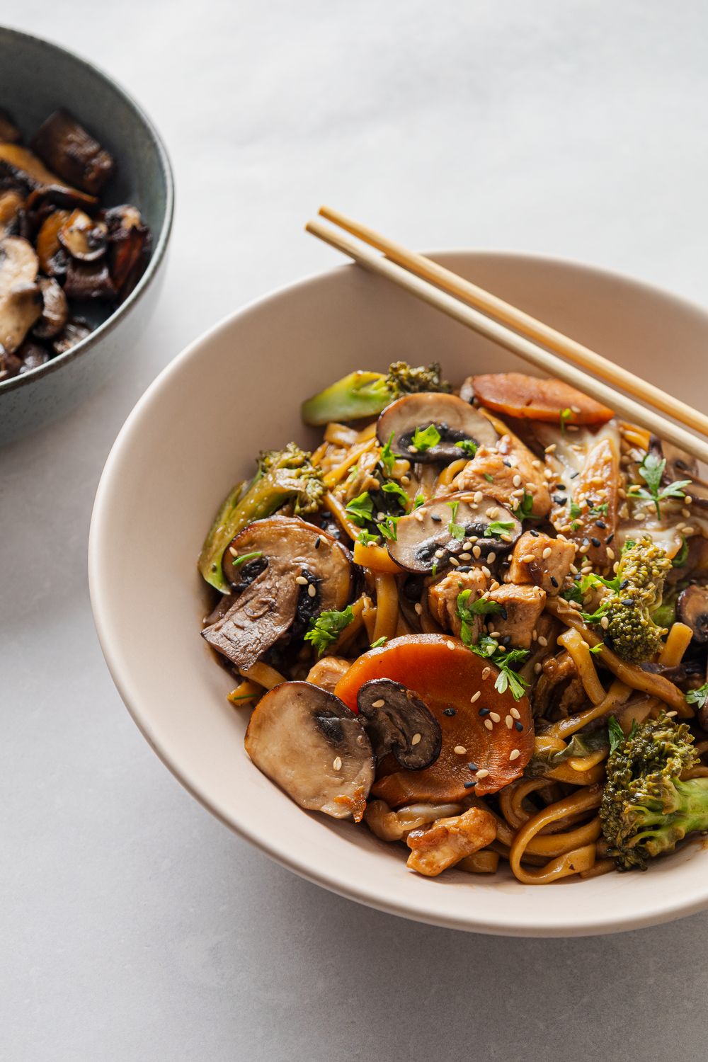 A bowl of stir-fried udon noodles with vegetables and chopsticks, perfect for food lovers.