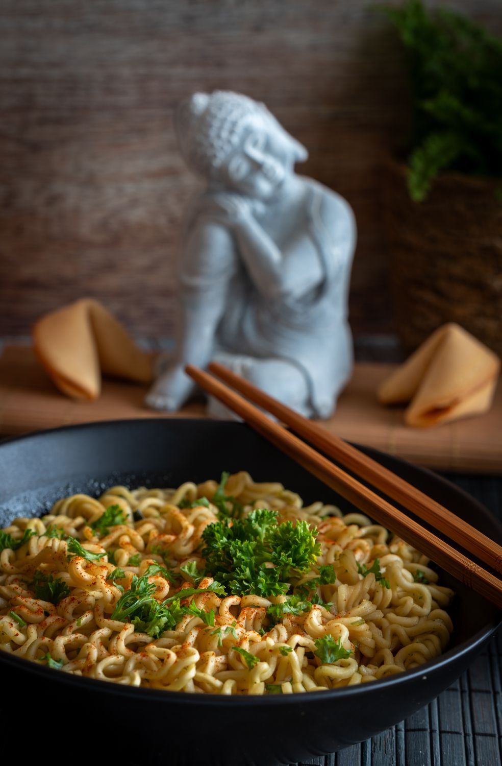 A savory noodle dish garnished with herbs, accompanied by chopsticks and fortune cookies.