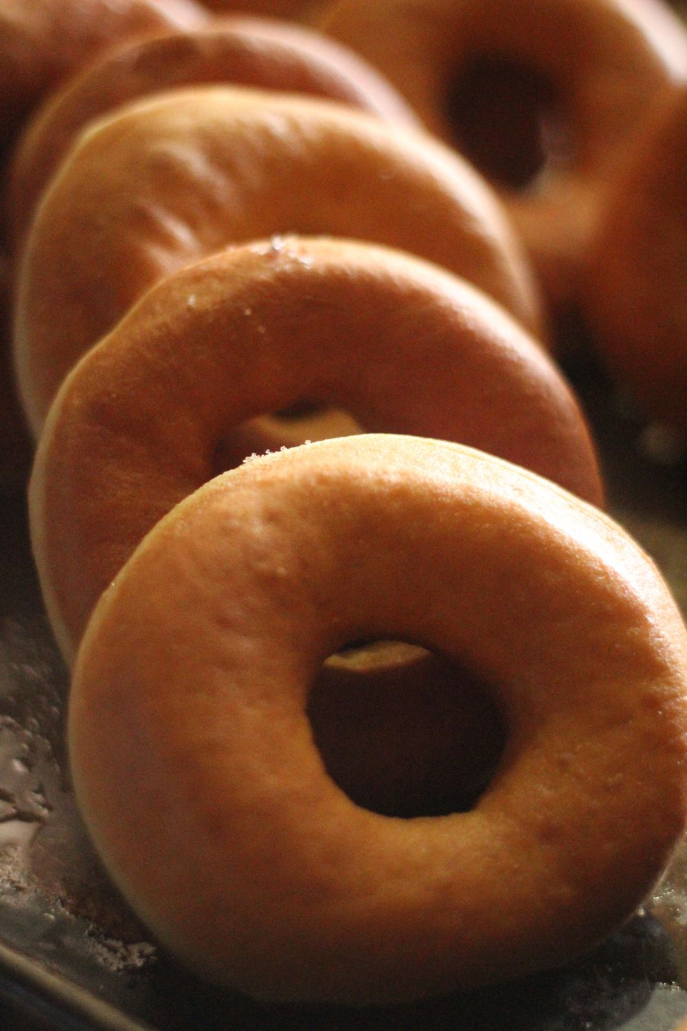 Close-up shot of fresh doughnuts in a warm, inviting setting.