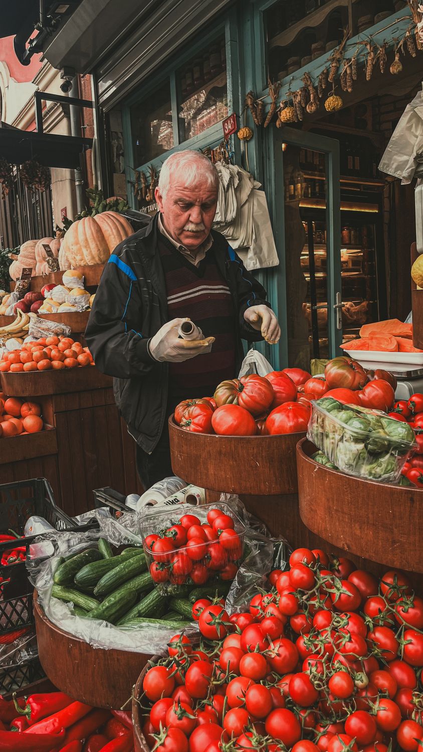 The Farmers Market Finds That Can Turn Into an Entire Weekend Menu 2 Senior merchant arranging fresh tomatoes and cucumbers at an outdoor market stall.