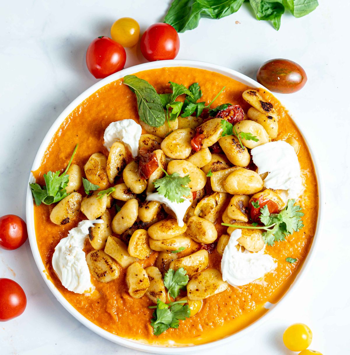 Top-down view of gnocchi in tomato sauce garnished with cheese and herbs.